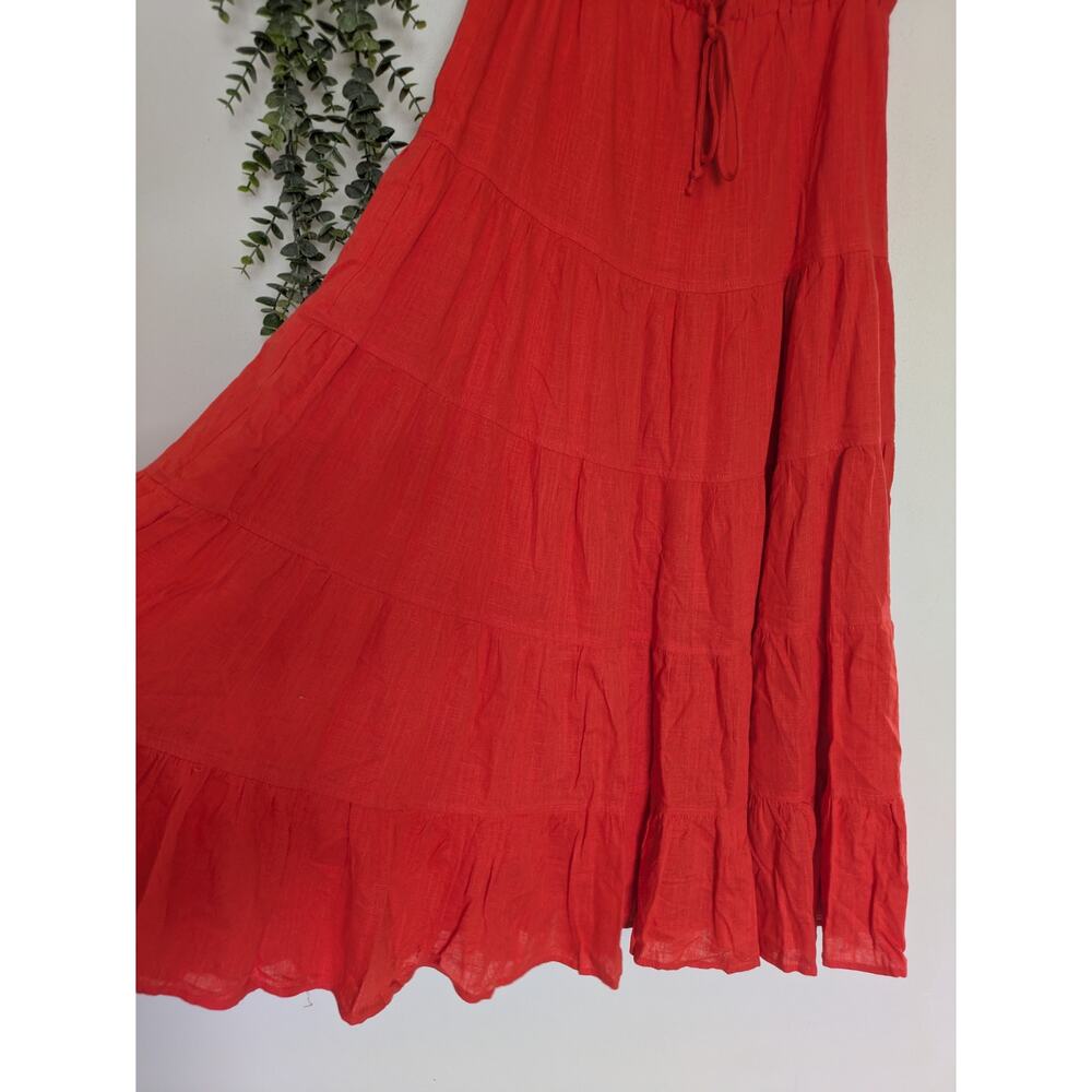 Boho Linen Blend Tiered Maxi Skirt with Drawstring Waist – Vibrant Orange-Red - Picture 5 of 7